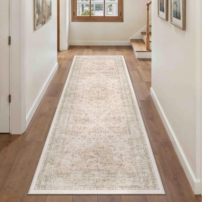 PureCozy Hallway Runner Rug 2x8 Washable Beige Vintage Distressed Long Runner by PureCozy