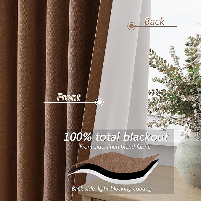 Guken Caramel Brown 100% Blackout Linen Curtains 96 Inch Length 2 Panels Set - Image 4