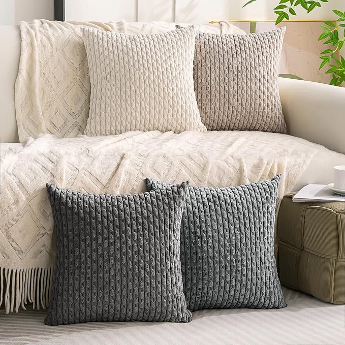 Set of 4 Grey White Taupe Decorative Throw Pillow Covers 26x26 Inch Corduroy - Image 2