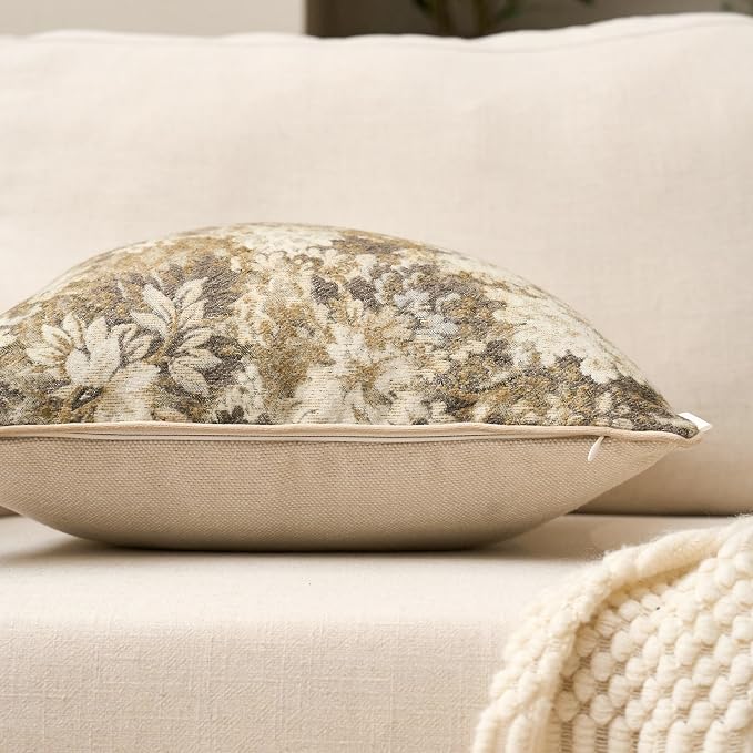 Yangest Neutral Floral Pillow Cover 12 x 20 Inches, Vintage Chenille Rectangle - Image 3