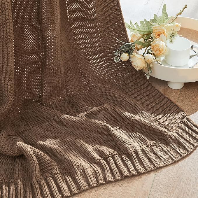 CozeCube Check Knit Throw Blanket, Light Brown Checkered Throw - Image 5