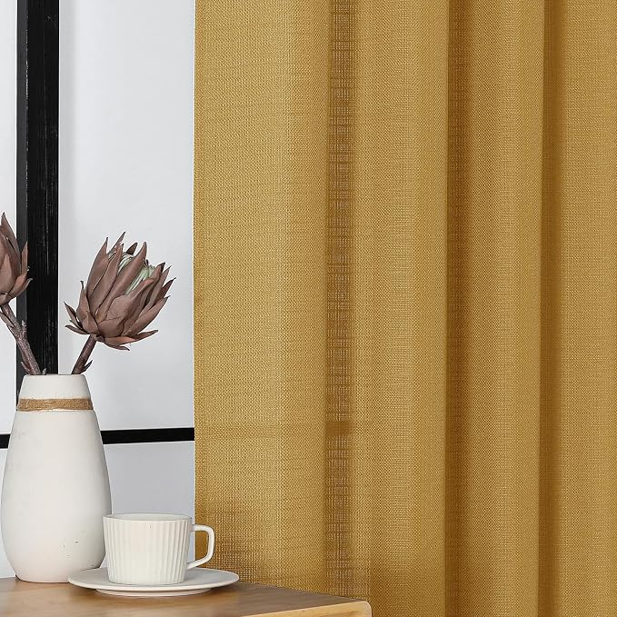 Chyhomenyc 2 Panels Gold Kitchen Curtains 36 Inch Length, Faux Linen Textured - Image 6