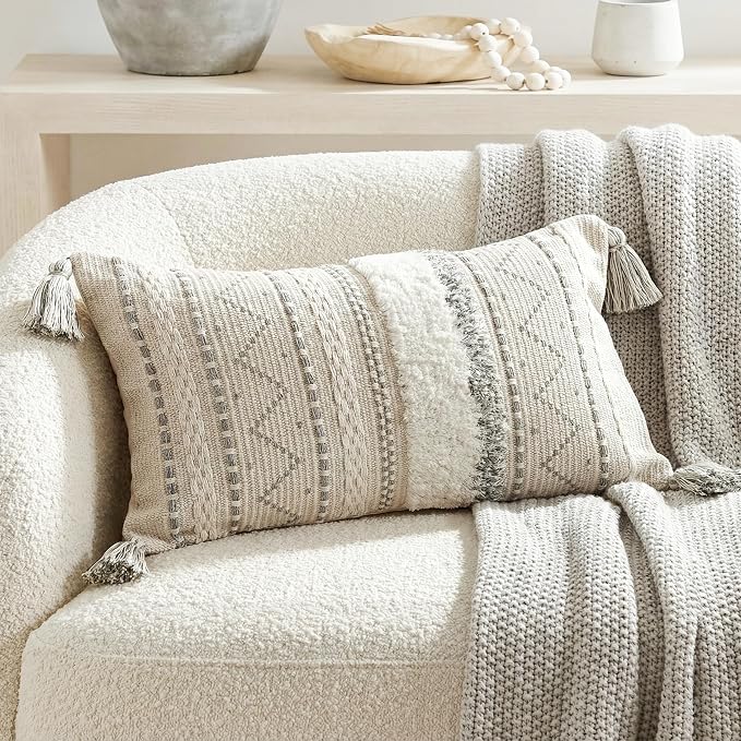 BlissBlush 12x20 Lumbar Pillow Cover, Cream Neutral Rectangular Decorative by BlissBlush