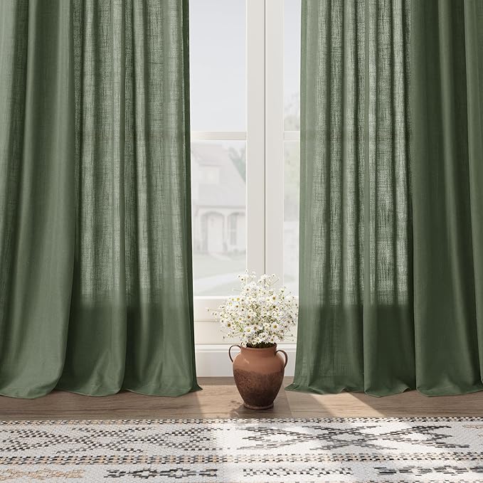 Olive Green Large Window Curtains Light Filtering Semi Sheer Privacy Linen - Image 6