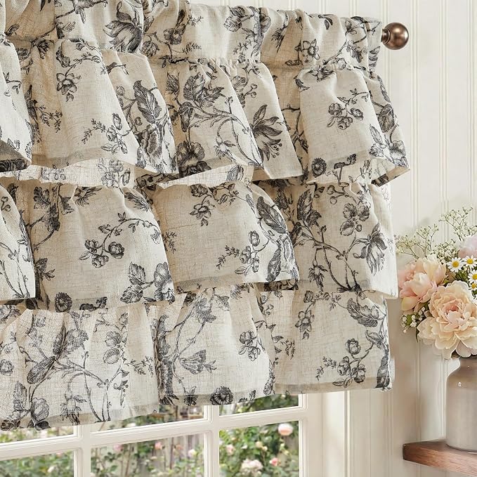 jinchan Amlie Ruffled Floral Valance Curtain Shabby Chic Linen Kitchen Valance by JINCHAN