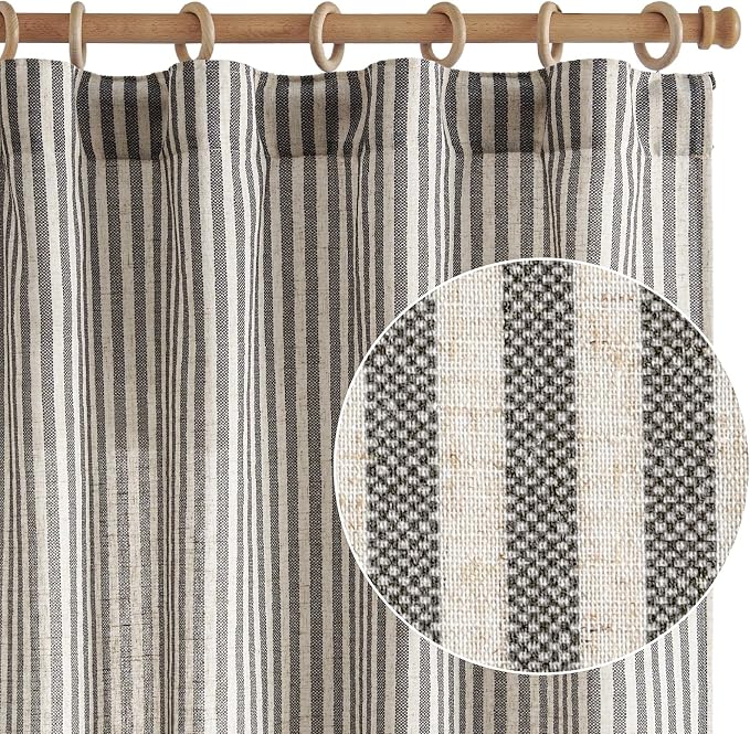 jinchan Linen Curtains Black on Beige Striped Curtains - Image 2