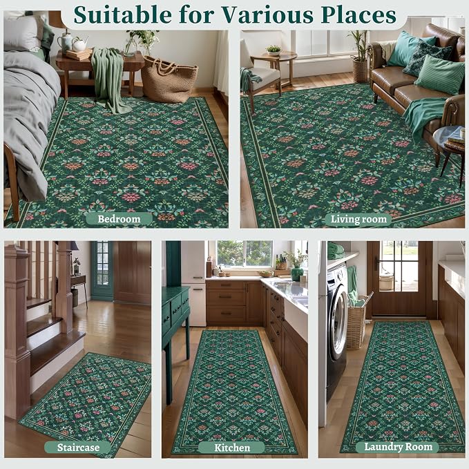 Tangsoo 2x3 Small Washable Entry Rug, Non Slip Green Floral Throw Area Rugs - Image 7