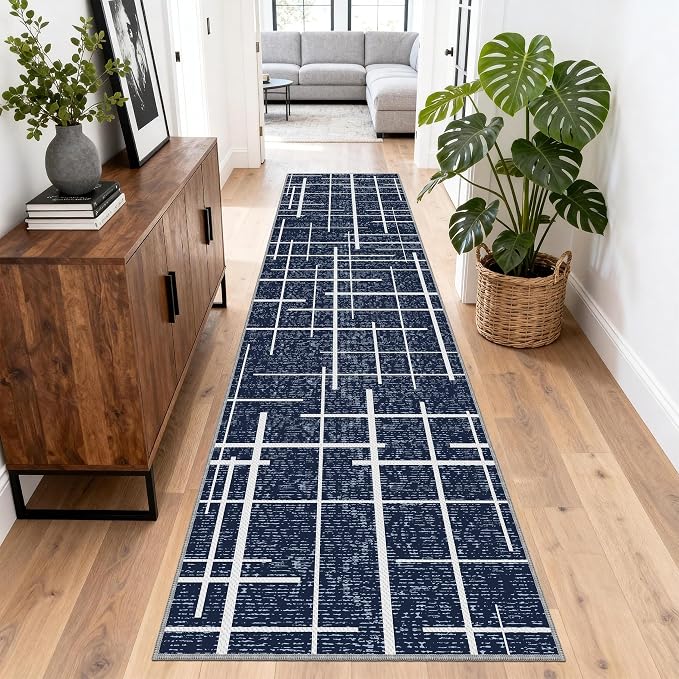 Non Slip Hallway Runner Rug 2x8, Modern Distressed Stripe, Washable Long Rug by TTelephant