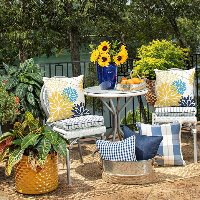 Yellow and Dark blue Floral Pillow Covers 18x18 Set of 2 Outdoor Waterproof - Image 6