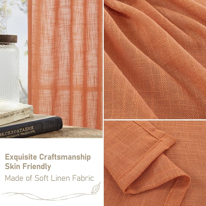 LAMIT Burnt Orange Sheer Linen Curtains, 80 inch Light Filtering Semi Sheer - Image 6