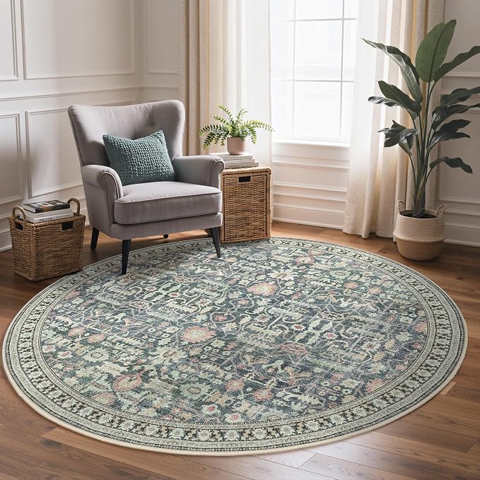 Bavni Round Rug 5ft-Machine Washable Area Rugs Non-Slip by BAVNI
