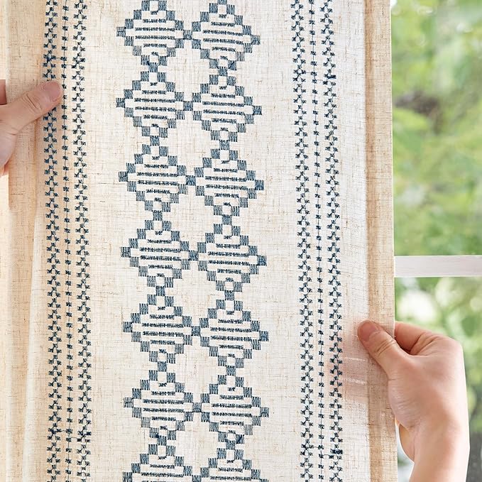 jinchan Boho Curtains Linen Blend Beige Farmhouse Curtains 63 Inches Long - Image 3