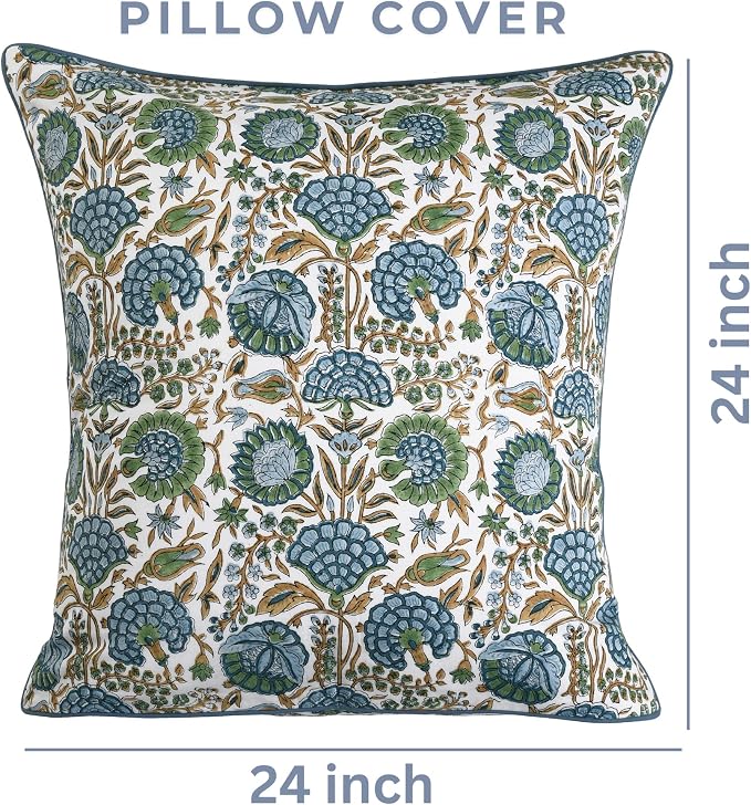 Ridhi Block Print Asparagus Green Pillow Cover 24" x 24" Decorative Couch - Image 4