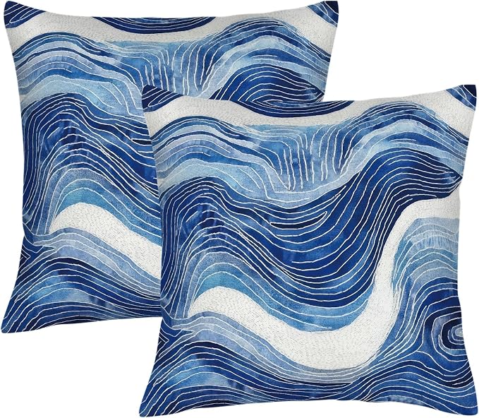 Navy Blue and White Wavy Throw Pillow Covers 18x18 Set of 2, Modern Abstract by Unknown