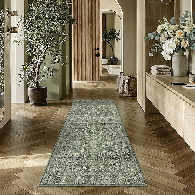 PureCozy Green Runner Rug 2x6 Hallway Washable Carpet Soft Vintage Indoor by PureCozy