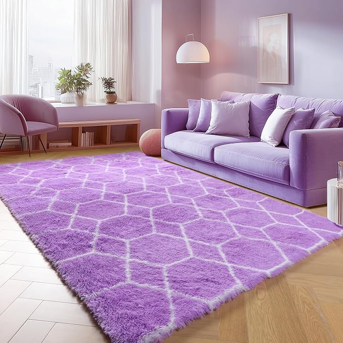 ONASAR Area Rugs for Bedroom Living Room, 4x6 Fluffy Purple and White Throw Rug - Image 6