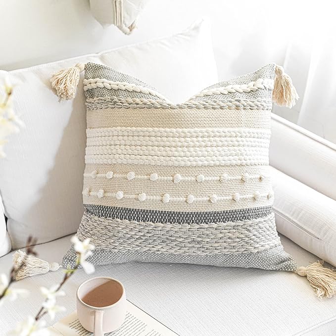 BlissBlush Gray Boho Throw Pillow Cover 22x22, Square Woven Textured Pillowcase - Image 6