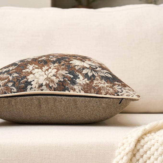 Yangest Neutral Floral Pillow Cover 24 x 24 Inches, Vintage Chenille Square - Image 3