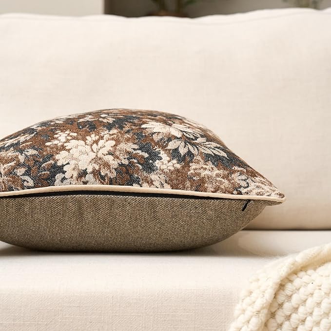 Yangest Neutral Floral Pillow Cover 20 x 20 Inches, Vintage Chenille Square - Image 3