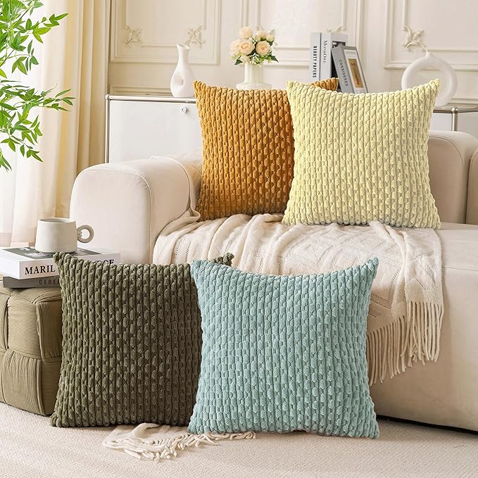 Set of 4 Pale Yellow Decorative Throw Pillow Covers 18x18 Inch Corduroy Pillow - Image 6