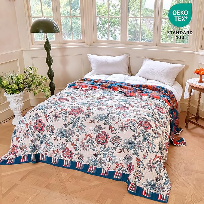 MSGKV Boho Throw Blanket 90"x108" 100% Cotton Floral Blanket - Image 6