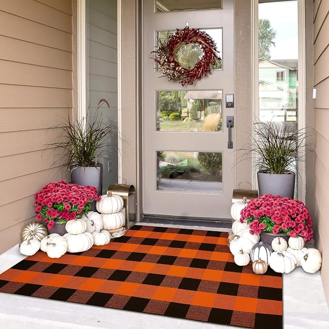 IOHOUZE Fall Buffalo Plaid Check Rug Outdoor Doormat 3x5 Ft Washable Woven by iOhouze