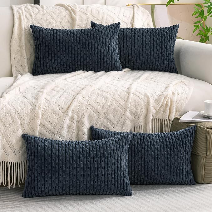 Set of 4 Grey Blue Decorative Throw Pillow Covers 12x20 Inch Corduroy Pillow - Image 2