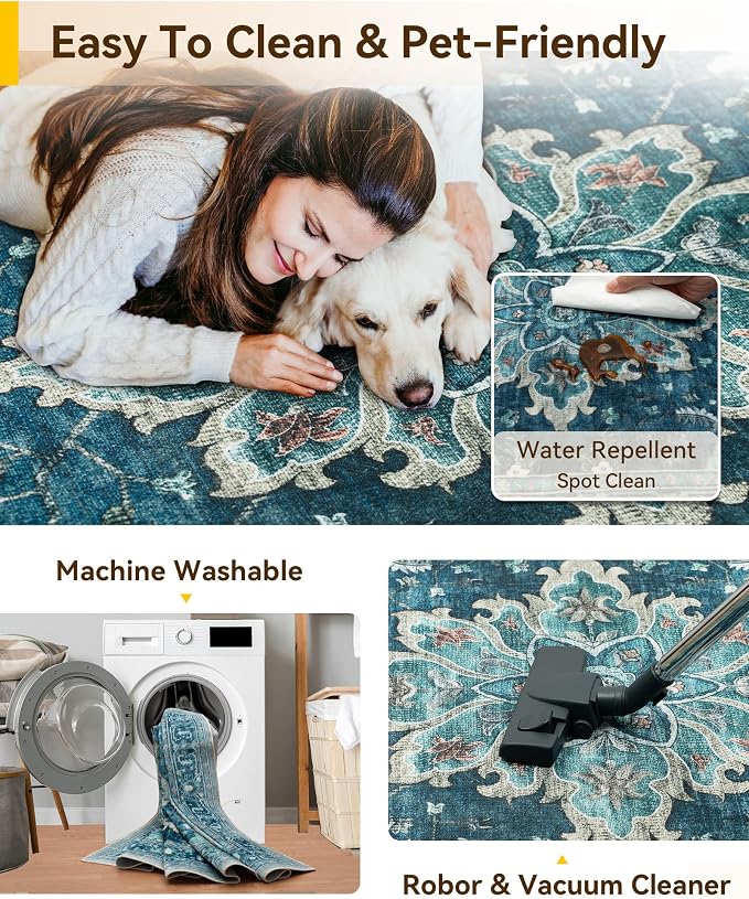 Area Rugs 6ft Washable Non-Slip, Floral Vintage Distress Print Pattern - Image 5
