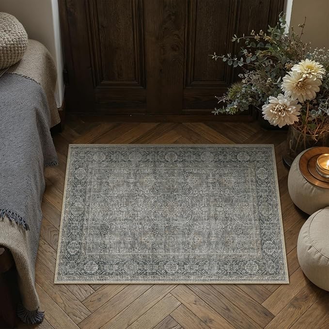 PureCozy Grey Brown Entryway Rug 2x3 Vintage Area Carpet Indoor Kitchen by PureCozy