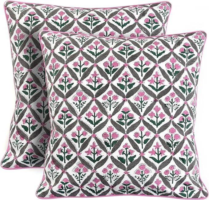 Ridhi Block Print Pink and White Pillow Cover 18" x 18" Decorative Couch Pillows by Ridhi