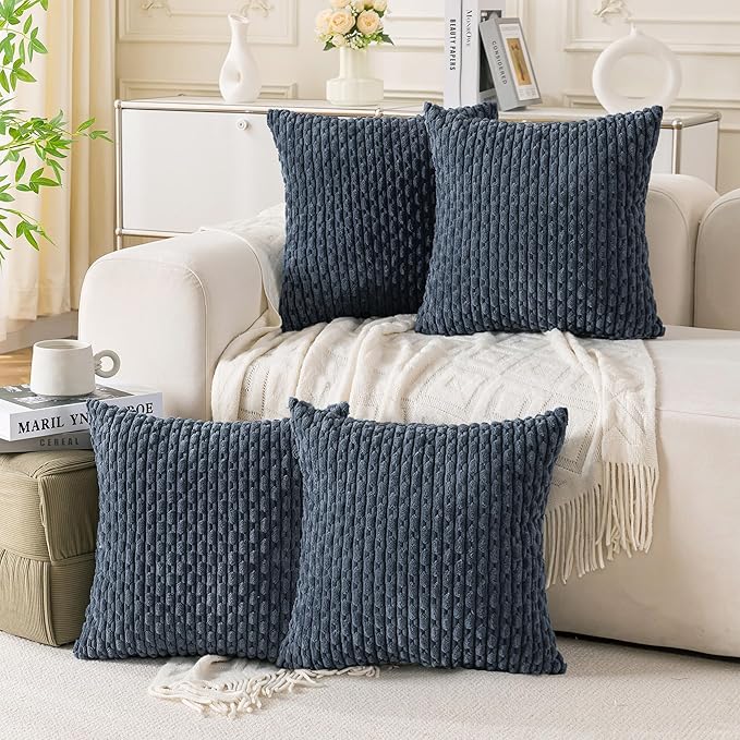 Set of 4 Grey Blue Decorative Throw Pillow Covers 16x16 Inch Corduroy Pillow by Cozoomy