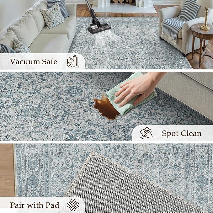 PureCozy Area Rug 5x7 Blue Washable Living Room Carpet Soft Non Slip Vintage - Image 6