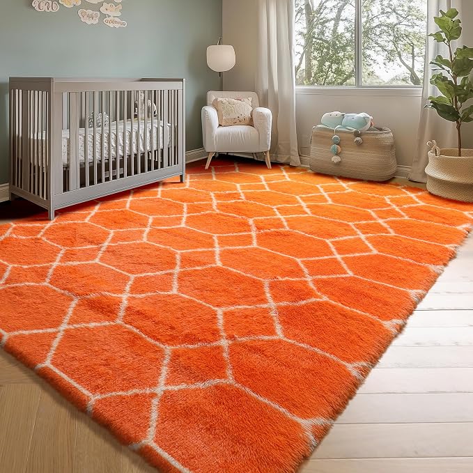ONASAR Rugs for Living Room Bedroom, 5x8 Fluffy Orange and White Area Rug - Image 7