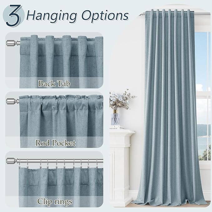 Guken Blue 100% Blackout Linen Curtains 100 Inch Length 2 Panels Set - Image 6