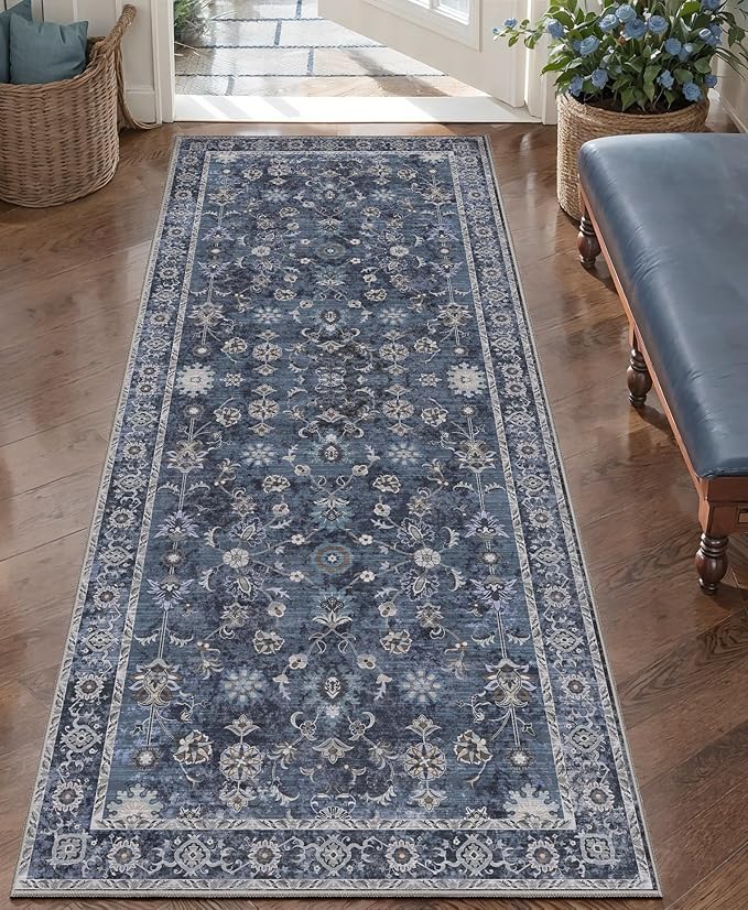 Tangsoo Washable Runner Rug for Hallway Non Slip, 2x5 Blue Floral Vintage by Tangsoo