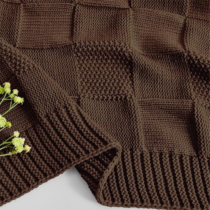 CozeCube Check Knit Throw Blanket, Dark Brown Checkered Throw - Image 9