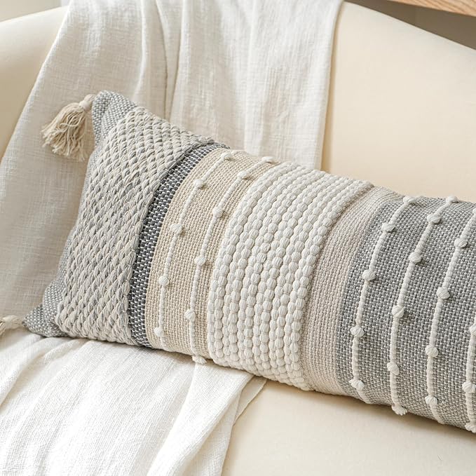 BlissBlush Gray Boho Lumbar Throw Pillow Cover 14x36 Grey Accent Long Body - Image 3