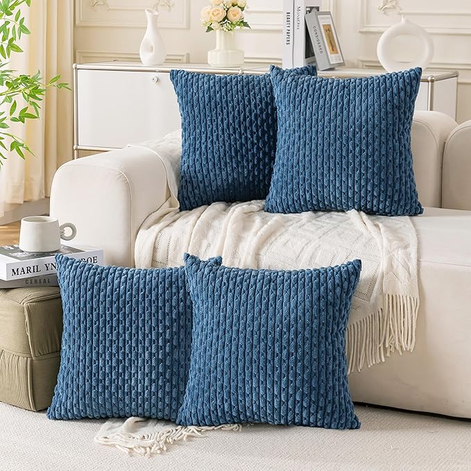 Set of 4 Blue Decorative Throw Pillow Covers 18x18 Inch Corduroy Pillow Covers by Cozoomy