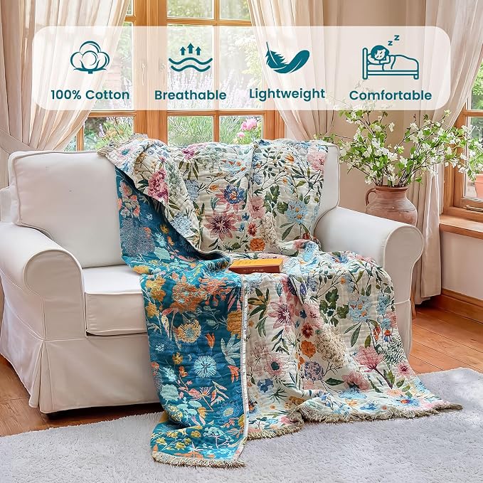 MSGKV Boho Throw Blanket 60"x80" Bed Floral 100% Cotton Blanket Spring - Image 2