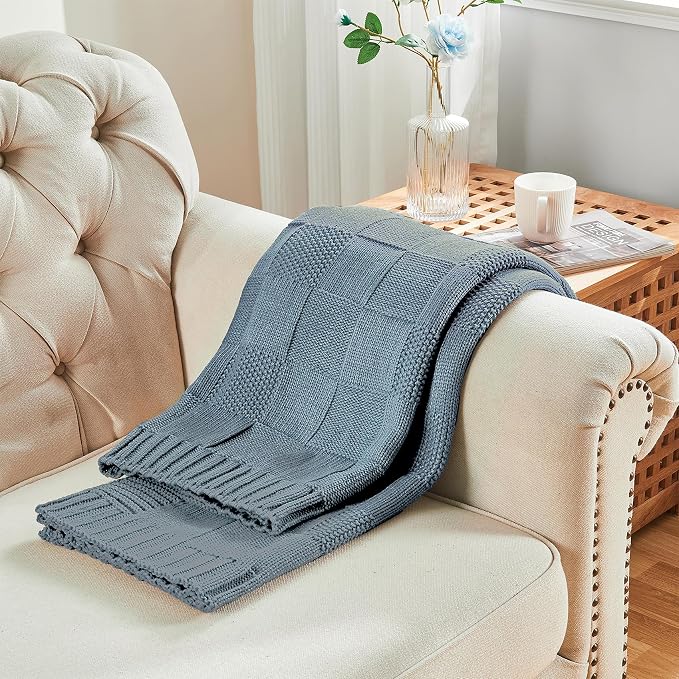 CozeCube Check Knit Throw Blanket, Dusty Blue Checkered Throw - Image 5