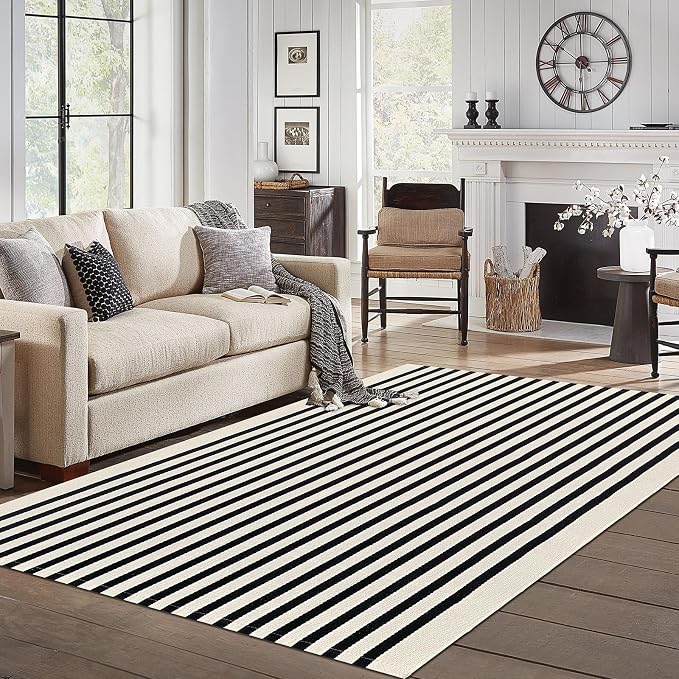 IOHOUZE Black Beige Striped Rug -5'x8' Indoor Outdoor Rug, Washable Area Rug - Image 2