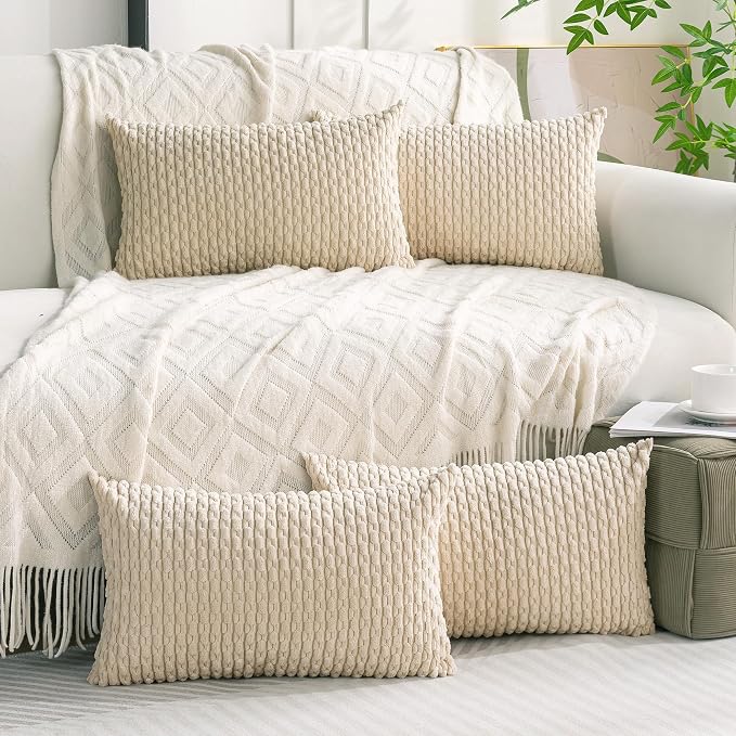 Set of 4 Beige Decorative Throw Pillow Covers 12x20 Inch Corduroy Pillow Covers - Image 2