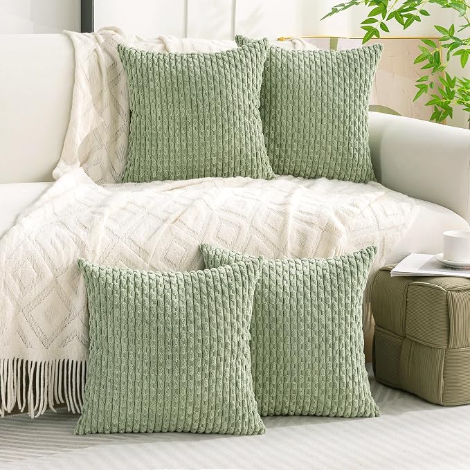 Set of 4 Sage Green Decorative Throw Pillow Covers 24x24 Inch Corduroy Pillow - Image 2