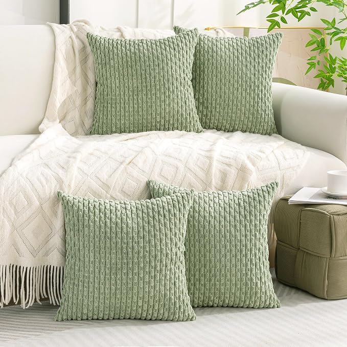 Set of 4 Sage Green Decorative Throw Pillow Covers 22x22 Inch Corduroy Pillow - Image 2