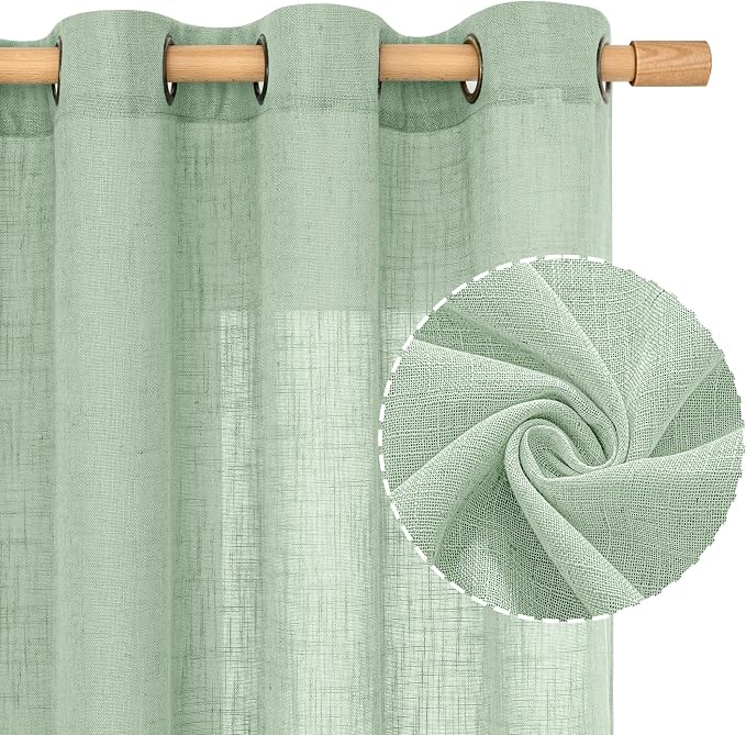 LAMIT Fresh Green Linen Curtains 54 Inch Length 2 Panels, Light Filtering Semi - Image 2
