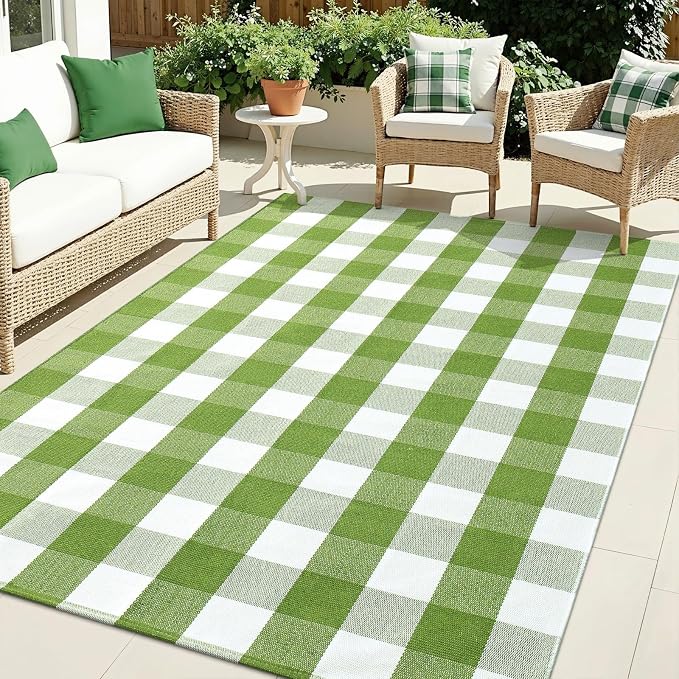 OLANLY Buffalo Plaid Rug 4' x 6' – Green and White Cotton Checkered Doormat by OLANLY
