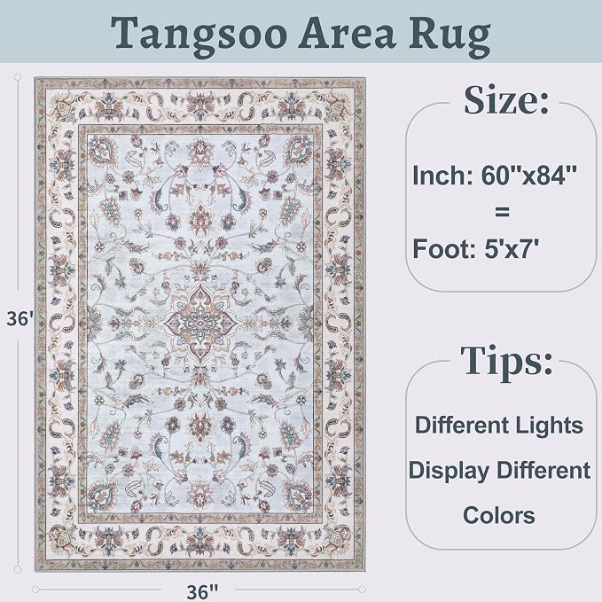 Tangsoo 5x7 Washable Area Rug, Non Slip Boho Rug - Image 2
