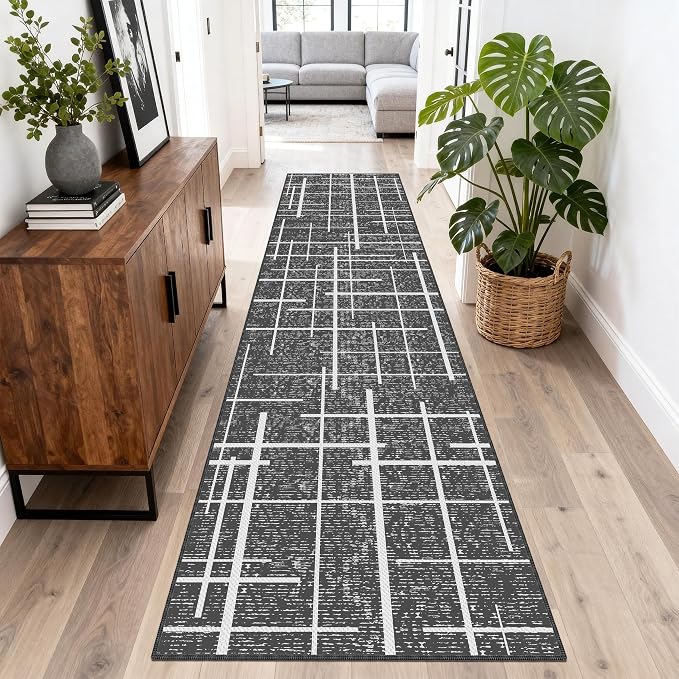 Non Slip Hallway Runner Rug 2x8, Modern Distressed Stripe, Washable Long Rug by TTelephant