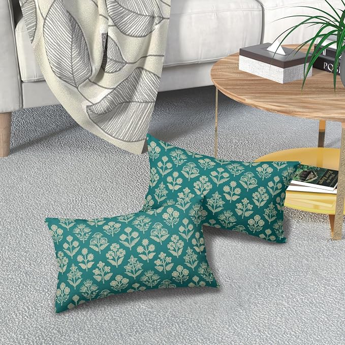 Teal Pillow Covers 12x20 Inch Set of 2, Cream Floral Block Print Pattern Lumbar - Image 7