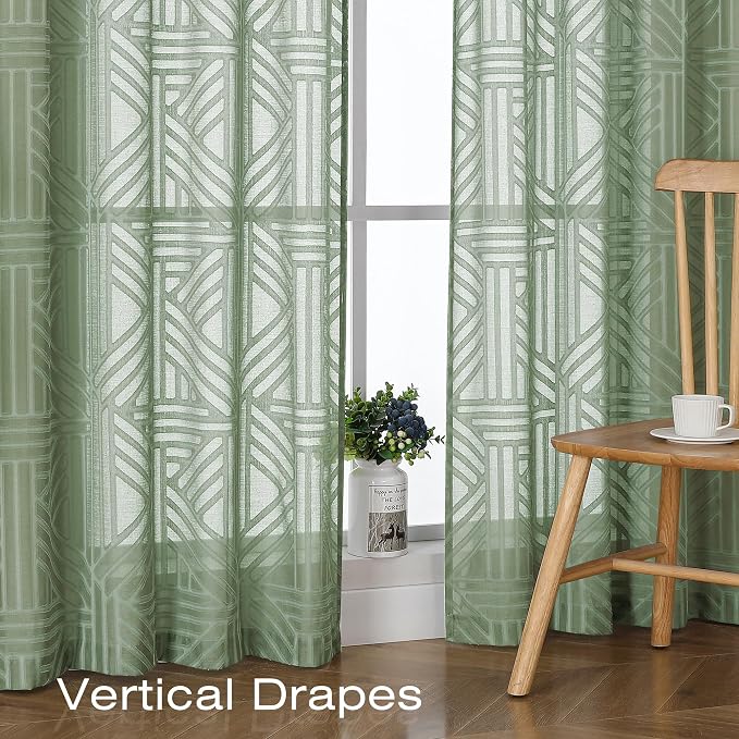 Simplebrand Sage Green Semi Sheer Curtains 45 Inch Length 2 Panels, Geometric - Image 5